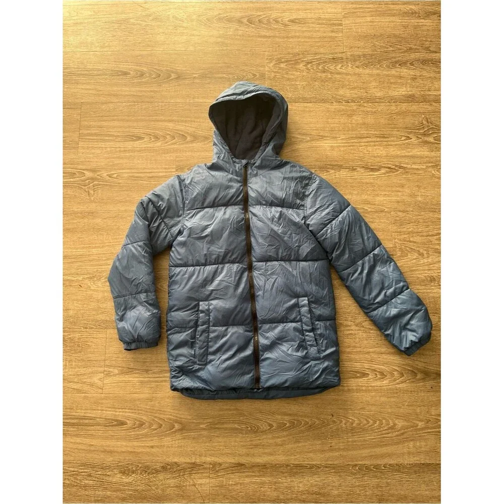 Old Navy Boys Hooded Puffer Jacket XXL 18 Blue Gray Fleece Lined Coat Insulated
